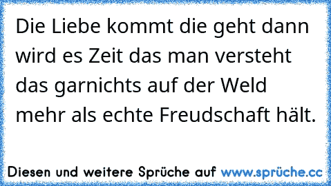 Die Liebe kommt die geht dann wird es Zeit das man versteht das garnichts auf der Weld mehr als echte Freudschaft hält.