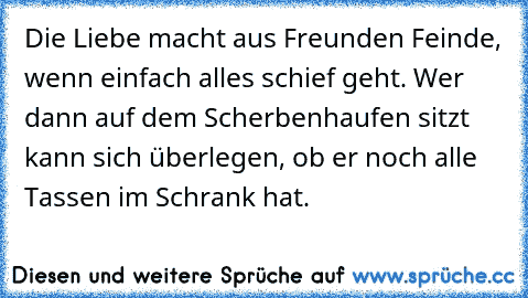 Die Liebe macht aus Freunden Feinde, wenn einfach alles schief geht. Wer dann auf dem Scherbenhaufen sitzt kann sich überlegen, ob er noch alle Tassen im Schrank hat. ♥