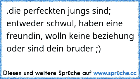 .die perfeckten jungs sind; entweder schwul, haben eine freundin, wolln keine beziehung oder sind dein bruder ;) ♥