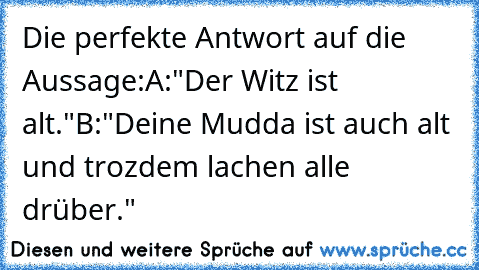 Die perfekte Antwort auf die Aussage:
A:"Der Witz ist alt."
B:"Deine Mudda ist auch alt und trozdem lachen alle drüber."