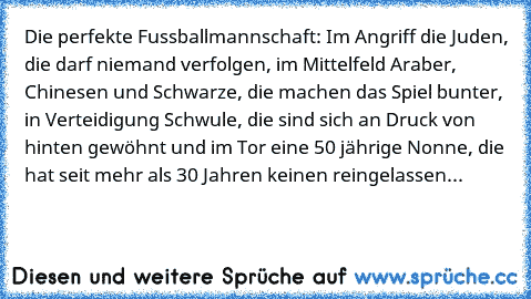 Die perfekte Fussballmannschaft: Im Angriff die Juden, die darf niemand verfolgen, im Mittelfeld Araber, Chinesen und Schwarze, die machen das Spiel bunter, in Verteidigung Schwule, die sind sich an Druck von hinten gewöhnt und im Tor eine 50 jährige Nonne, die hat seit mehr als 30 Jahren keinen reingelassen...