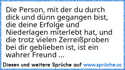 Die Person, mit der du durch dick und dünn gegangen bist, die deine Erfolge und Niederlagen miterlebt hat, und die trotz vielen Zerreißproben bei dir geblieben ist, ist ein wahrer Freund ... ♥