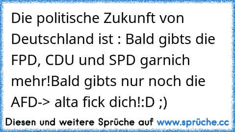 Die politische Zukunft von Deutschland ist : Bald gibts die FPD, CDU und SPD garnich mehr!Bald gibt´s nur noch die AFD-> alta fick dich!:D ;)