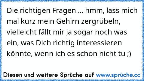 Die richtigen Fragen ... hmm, lass mich mal kurz mein Gehirn zergrübeln, vielleicht fällt mir ja sogar noch was ein, was Dich richtig interessieren könnte, wenn ich es schon nicht tu ;)