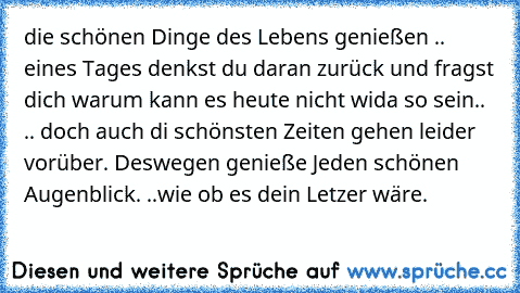 die schönen Dinge des Lebens genießen .. eines Tages denkst du daran zurück und fragst dich warum kann es heute nicht wida so sein.. .. doch auch di schönsten Zeiten gehen leider vorüber. Deswegen genieße Jeden schönen Augenblick. ..wie ob es dein Letzer wäre.