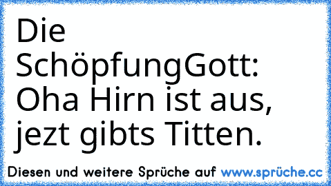 Die Schöpfung
Gott: Oha Hirn ist aus, jezt gibts Titten.