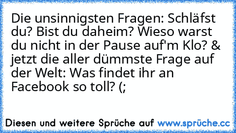 Die unsinnigsten Fragen: Schläfst du? Bist du daheim? Wieso warst du nicht in der Pause auf'm Klo? & jetzt die aller dümmste Frage auf der Welt: Was findet ihr an Facebook so toll? (;