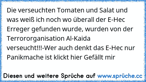 Die verseuchten Tomaten und Salat und was weiß ich noch wo überall der E-Hec Erreger gefunden wurde, wurden von der Terrororganisation Al-Kaida verseucht!!!
-Wer auch denkt das E-Hec nur Panikmache ist klickt hier Gefällt mir