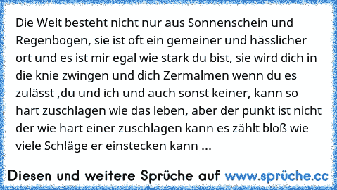 Die Welt besteht nicht nur aus Sonnenschein und Regenbogen, sie ist oft ein gemeiner und hässlicher ort und es ist mir egal wie stark du bist, sie wird dich in die knie zwingen und dich Zermalmen wenn du es zulässt ,du und ich und auch sonst keiner, kann so hart zuschlagen wie das leben, aber der punkt ist nicht der wie hart einer zuschlagen kann es zählt bloß wie viele Schläge er einstecken ka...