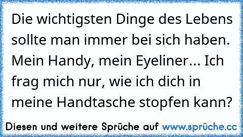 Die wichtigsten Dinge des Lebens sollte man immer bei sich haben. Mein Handy, mein Eyeliner... Ich frag mich nur, wie ich dich in meine Handtasche stopfen kann?