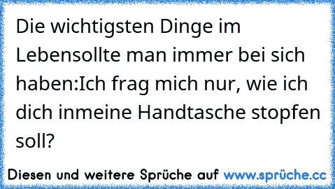 Die wichtigsten Dinge im Leben
sollte man immer bei sich haben:
Ich frag mich nur, wie ich dich in
meine Handtasche stopfen soll?