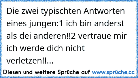 Die zwei typischten Antworten eines jungen:1 ich bin anderst als dei anderen!!2 vertraue mir ich werde dich nicht verletzen!!...