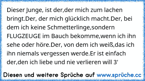 Dieser Junge, ist der,
der mich zum lachen bringt.
Der, der mich glücklich macht.
Der, bei dem ich keine Schmetterlinge,
sondern FLUGZEUGE im Bauch bekomme,
wenn ich ihn sehe oder höre.
Der, von dem ich weiß,
das ich ihn niemals vergessen werde.
Er ist einfach der,
den ich liebe und nie verlieren will «3'