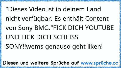 "Dieses Video ist in deinem Land nicht verfügbar. Es enthält Content von Sony BMG."
FICK DICH YOUTUBE UND FICK DICH SCHEISS SONY!!
wems genauso geht liken!