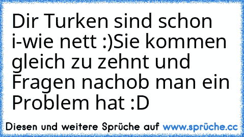 Dir Turken sind schon i-wie nett :)
Sie kommen gleich zu zehnt und Fragen nach
ob man ein Problem hat :D