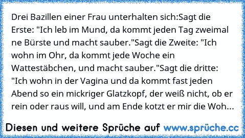 Drei Bazillen einer Frau unterhalten sich:
Sagt die Erste: "Ich leb im Mund, da kommt jeden Tag zweimal ne Bürste und macht sauber."
Sagt die Zweite: "Ich wohn im Ohr, da kommt jede Woche ein Wattestäbchen, und macht sauber."
Sagt die dritte: "Ich wohn in der Vagina und da kommt fast jeden Abend so ein mickriger Glatzkopf, der weiß nicht, ob er rein oder raus will, und am Ende kotzt er mir die ...