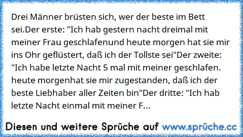 Drei Männer brüsten sich, wer der beste im Bett sei.
Der erste: "Ich hab gestern nacht dreimal mit meiner Frau geschlafen
und heute morgen hat sie mir ins Ohr geflüstert, daß ich der Tollste sei"
Der zweite: "Ich habe letzte Nacht 5 mal mit meiner geschlafen. heute morgen
hat sie mir zugestanden, daß ich der beste Liebhaber aller Zeiten bin"
Der dritte: "Ich hab letzte Nacht einmal mit meiner F...