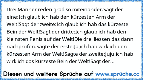 Drei Männer reden grad so miteinander.Sagt der eine:Ich glaub ich hab den kürzesten Arm der Welt!
Sagt der zweite:Ich glaub ich hab das kürzeste Bein der Welt!Sagt der dritte:Ich glaub ich hab den kleinsten Penis auf der Welt!Die drei liessen das dann nachprüfen.Sagte der erste:Ja,ich hab wirklich den kürzesten Arm der Welt!Sagte der zweite:Juju,ich hab wirklich das kürzeste Bein der Welt!Sagt ...