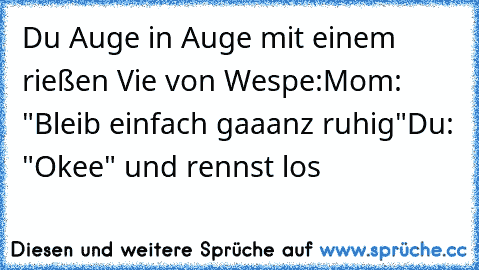 Du Auge in Auge mit einem rießen Vie von Wespe:
Mom: "Bleib einfach gaaanz ruhig"
Du: "Okee" und rennst los