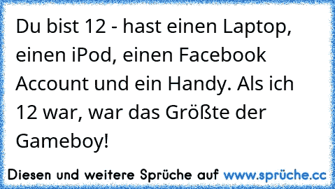 Du bist 12 - hast einen Laptop, einen iPod, einen Facebook Account und ein Handy. Als ich 12 war, war das Größte der Gameboy!