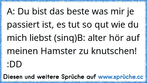 A: Du bist das beste was mir je passiert ist, es tut so qut wie du mich liebst (sinq)
B: alter hör auf meinen Hamster zu knutschen! :DD