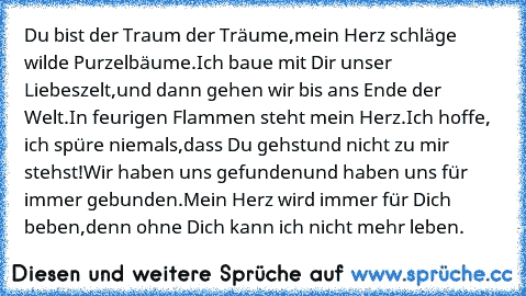 Du bist der Traum der Träume,
mein Herz schläge wilde Purzelbäume.
Ich baue mit Dir unser Liebeszelt,
und dann gehen wir bis ans Ende der Welt.
In feurigen Flammen steht mein Herz.
Ich hoffe, ich spüre niemals,
dass Du gehst
und nicht zu mir stehst!
Wir haben uns gefunden
und haben uns für immer gebunden.
Mein Herz wird immer für Dich beben,
denn ohne Dich kann ich nicht mehr leben. ♥