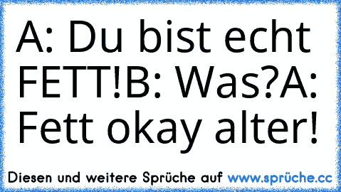 A: Du bist echt FETT!
B: Was?
A: Fett okay alter!