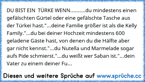 DU BIST EIN  TÜRKE WENN.......
...du mindestens einen gefälschten Gürtel oder eine gefälschte Tasche aus der Türkei hast."
...deine Familie größer ist als die Kelly Family."
...du bei deiner Hochzeit mindestens 600 geladene Gäste hast, von denen du die Hälfte aber gar nicht kennst."
...du Nutella und Marmelade sogar aufs Pide schmierst."
...du weißt wer Saban ist."
...dein Vater zu einem deiner...