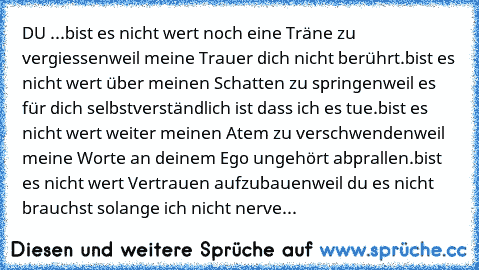 DU ...
bist es nicht wert noch eine Träne zu vergiessen
weil meine Trauer dich nicht berührt.
bist es nicht wert über meinen Schatten zu springen
weil es für dich selbstverständlich ist dass ich es tue.
bist es nicht wert weiter meinen Atem zu verschwenden
weil meine Worte an deinem Ego ungehört abprallen.
bist es nicht wert Vertrauen aufzubauen
weil du es nicht brauchst solange ich nicht nerve...