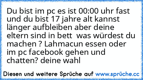 Du bist im pc es ist 00:00 uhr fast und du bist 17 jahre alt kannst länger aufbleiben aber deine eltern sind in bett  was würdest du machen ? Lahmacun essen oder im pc facebook gehen und chatten? deine wahl