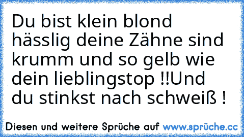 Du bist klein blond hässlig deine Zähne sind krumm und so gelb wie dein lieblingstop !!
Und du stinkst nach schweiß !