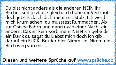 Du bist nicht anders als die anderen NEIN ihr Bitches seit jetzt alle gleich. Ich habe dir Vertraut doch jetzt Fick ich dich mehr mit Stolz. Ich werd mich Krumlachen, du musstest Rummachen. Ab zur Ostsee Fahrn und dann nach einer Nacht ein andern. Das ist kein Korb mehr NEIN ich gebe dir ein Dank du sagst du Liebst mich doch ich gib darauf ein FUCK. Bruder hier Nimm sie. Nimm die Bitch weg von ...