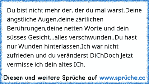 Du bist nicht mehr der, der du mal warst.
Deine ängstliche Augen,deine zärtlichen Berührungen,deine netten Worte und dein süsses Gesicht...alles verschwunden..
Du hast nur Wunden hinterlassen.
Ich war nicht zufrieden und du veränderst DiCh
Doch Jetzt vermisse ich dein altes ICh.