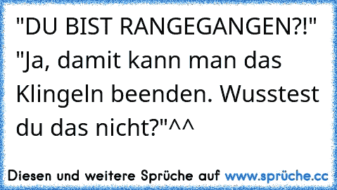 "DU BIST RANGEGANGEN?!" "Ja, damit kann man das Klingeln beenden. Wusstest du das nicht?"^^