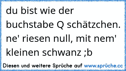 du bist wie der buchstabe Q schätzchen. ne' riesen null, mit nem' kleinen schwanz ;b