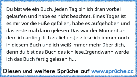 Du bist wie ein Buch. Jeden Tag bin ich dran vorbei gelaufen und habe es nicht beachtet. Eines Tages ist es mir vor die Füße gefallen, habe es aufgehoben und das erste mal darin gelesen.
Das war der Moment an dem ich anfing dich zu lieben.
Jetz lese ich immer noch in diesem Buch und ich weiß immer mehr über dich, denn du bist das Buch das ich lese.
Irgendwann werde ich das Buch fertig gelesen h...