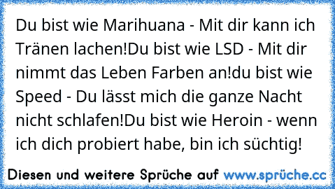 Du bist wie Marihuana - Mit dir kann ich Tränen lachen!
Du bist wie LSD - Mit dir nimmt das Leben Farben an!
du bist wie Speed - Du lässt mich die ganze Nacht nicht schlafen!
Du bist wie Heroin - wenn ich dich probiert habe, bin ich süchtig!