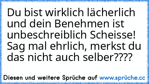 Du bist wirklich lächerlich und dein Benehmen ist unbeschreiblich Scheisse! Sag mal ehrlich, merkst du das nicht auch selber????