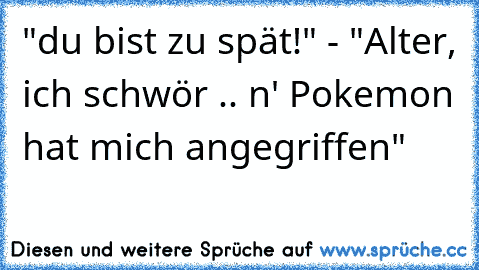 "du bist zu spät!" - "Alter, ich schwör .. n' Pokemon hat mich angegriffen"