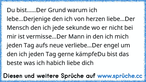 Du bist...
...Der Grund warum ich lebe
...Derjenige den ich von herzen liebe
...Der Mensch den ich jede sekunde wo er nicht bei mir ist vermisse
...Der Mann in den ich mich jeden Tag aufs neue verliebe
...Der engel um den ich jeden Tag gerne kämpfe
Du bist das beste was ich hab
ich liebe dich♥