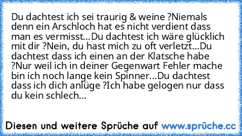 Du dachtest ich sei traurig & weine ?
Niemals denn ein Arschloch hat es nicht verdient dass man es vermisst...
Du dachtest ich wäre glücklich mit dir ?
Nein, du hast mich zu oft verletzt...
Du dachtest dass ich einen an der Klatsche habe ?
Nur weil ich in deiner Gegenwart Fehler mache bin ich noch lange kein Spinner...
Du dachtest dass ich dich anlüge ?
Ich habe gelogen nur dass du kein schlech...