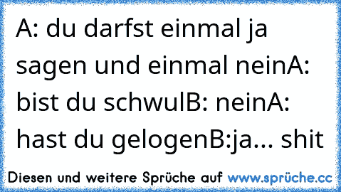 A: du darfst einmal ja sagen und einmal nein
A: bist du schwul
B: nein
A: hast du gelogen
B:ja... shit