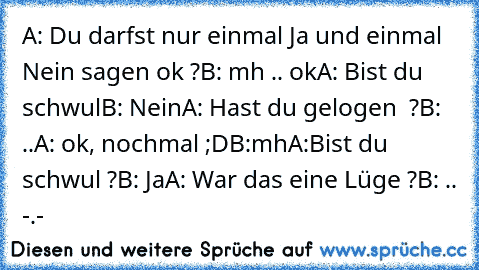 A: Du darfst nur einmal Ja und einmal Nein sagen ok ?
B: mh .. ok
A: Bist du schwul
B: Nein
A: Hast du gelogen  ?
B: ..
A: ok, nochmal ;D
B:mh
A:Bist du schwul ?
B: Ja
A: War das eine Lüge ?
B: .. -.-