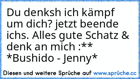 Du denksh ich kämpf um dich? jetzt beende ichs. Alles gute Schatz & denk an mich :**    *Bushido - Jenny*