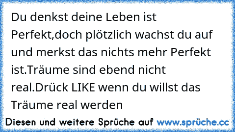 Du denkst deine Leben ist Perfekt,doch plötzlich wachst du auf und merkst das nichts mehr Perfekt ist.Träume sind ebend nicht real.
Drück LIKE wenn du willst das Träume real werden♥