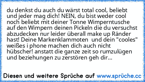 du denkst du auch du wärst total cool, beliebt und jeder mag dich! NEIN, du bist weder cool noch beliebt mit deiner Tonne Wimperntusche auf den Wimpern deinen Pickeln die du versuchst abzudecken nur leider überall make up Ränder hast! Deine Markenklammoten  und dein "cooles" weißes i phone machen dich auch nicht hübscher! anstatt die ganze zeit so rumzulügen und beziehungen zu zerstören geh dir...