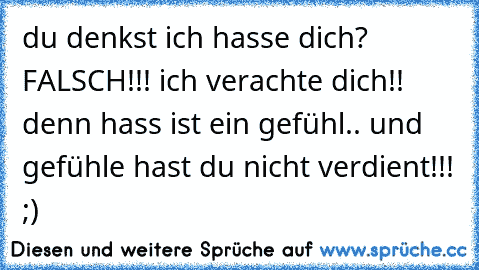 du denkst ich hasse dich? FALSCH!!! ich verachte dich!! denn hass ist ein gefühl.. und gefühle hast du nicht verdient!!! ;)