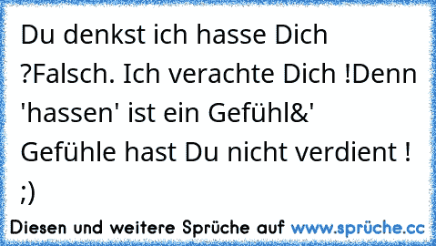 Du denkst ich hasse Dich ?
Falsch. Ich verachte Dich !
Denn 'hassen' ist ein Gefühl
&' Gefühle hast Du nicht verdient ! ;)