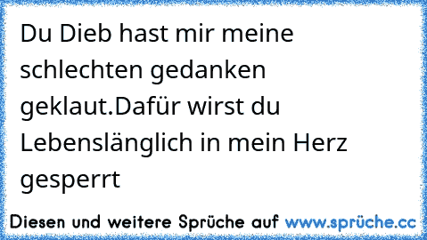 Du Dieb hast mir meine schlechten gedanken geklaut.
Dafür wirst du Lebenslänglich in mein Herz gesperrt
♥