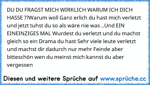 DU DU FRAGST MICH WIRKLICH WARUM ICH DICH HASSE ??
Warum woll Ganz erlich du hast mich verletzt und jetzt tuhst du so als wäre nie was ..Und EIN EINEINZIGES MAL Wurdest du verletzt und du machst gleich so ein Drama du hast Sehr viele leute verletzt und machst dir dadurch nur mehr Feinde aber bitteschön wen du meinst mich kannst du aber vergessen